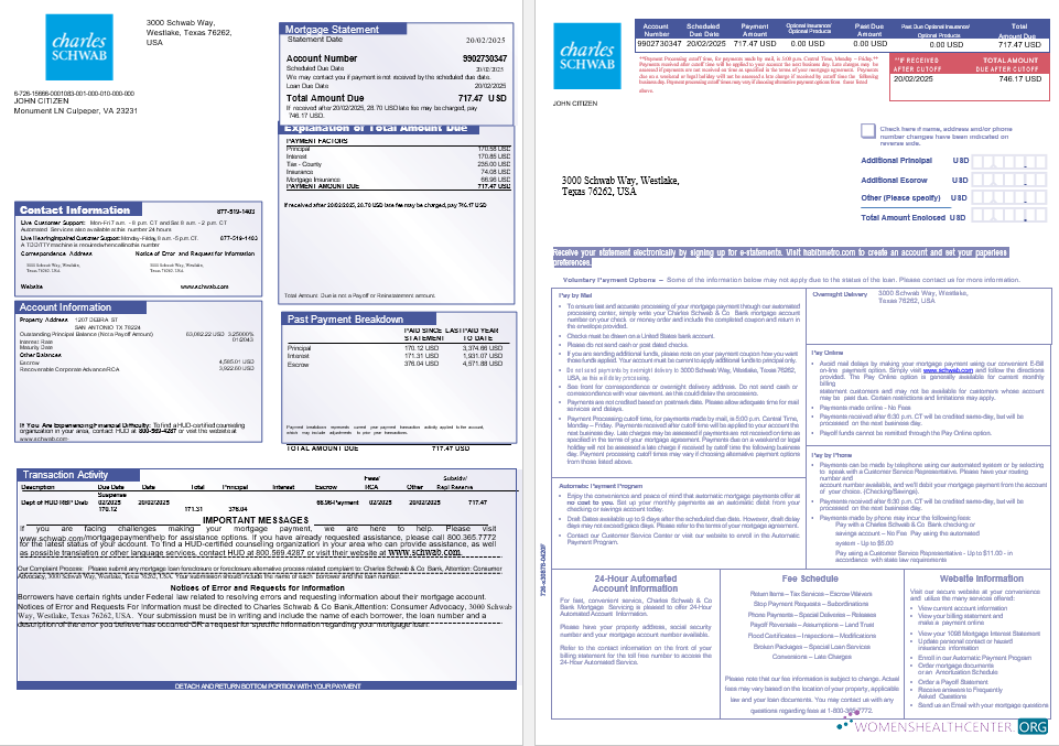 USA Charles Schwab & Co bank mortgage statement in Word and PDF formats, 3 pages 1 2